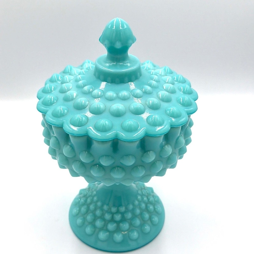 Vtg Fenton Aqua Turquoise Milk Glass Hobnail Footed Candy Dish Compote with Lid - Picture 3 of 7